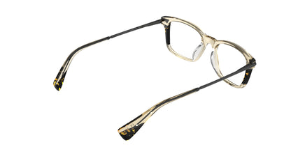 Rear view of a square eyeglasses with khaki and havana acetate, gunmetal titanium temples, integrated spring hinges, shown on a plain white background.