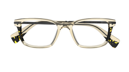 Classic rectangular eyeglasses with a translucent khaki beige acetate frame, havana lamination accents, shown against a plain white background.