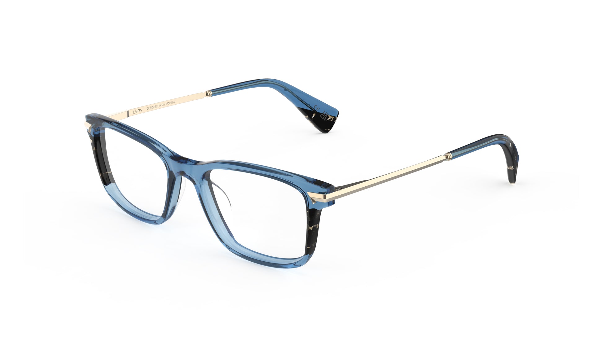Blue and havana acetate square eyeglasses with gold titanium temples, integrated spring hinge, on a white background.