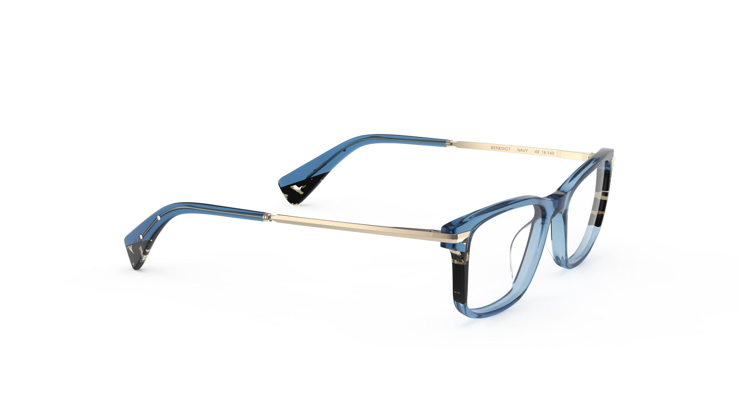 Blue and havana acetate square eyeglasses with gold titanium temples, integrated spring hinge, shown from a three-quarters angle on a white background.
