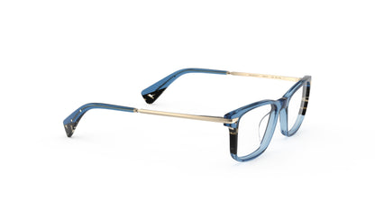 Blue and havana acetate square eyeglasses with gold titanium temples, integrated spring hinge, shown from a three-quarters angle on a white background.