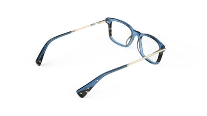 A rear view of eyeglasses with a semi-transparent blue frame and gold titanium temples, havana lamination details,shown on a plain white background.