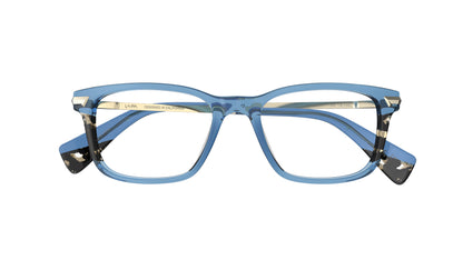 Blue navy acetate eyeglass frames with gold metal accents and tortoiseshell-patterned laminations, shown from the front on a white background.