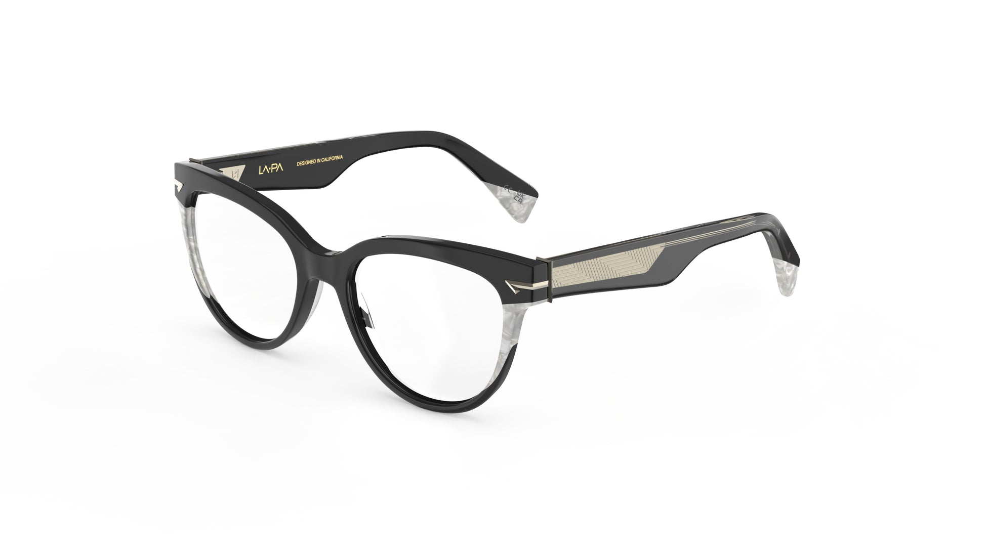 A pair of cateye eyeglasses featuring a black acetate front with pearl accents, clear lenses, and geometric patterned wire cores.