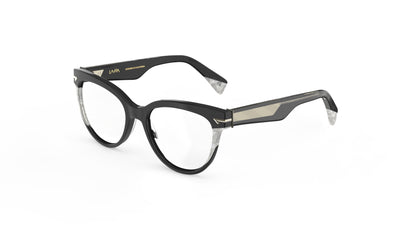 A pair of cateye eyeglasses featuring a black acetate front with pearl accents, clear lenses, and geometric patterned wire cores.
