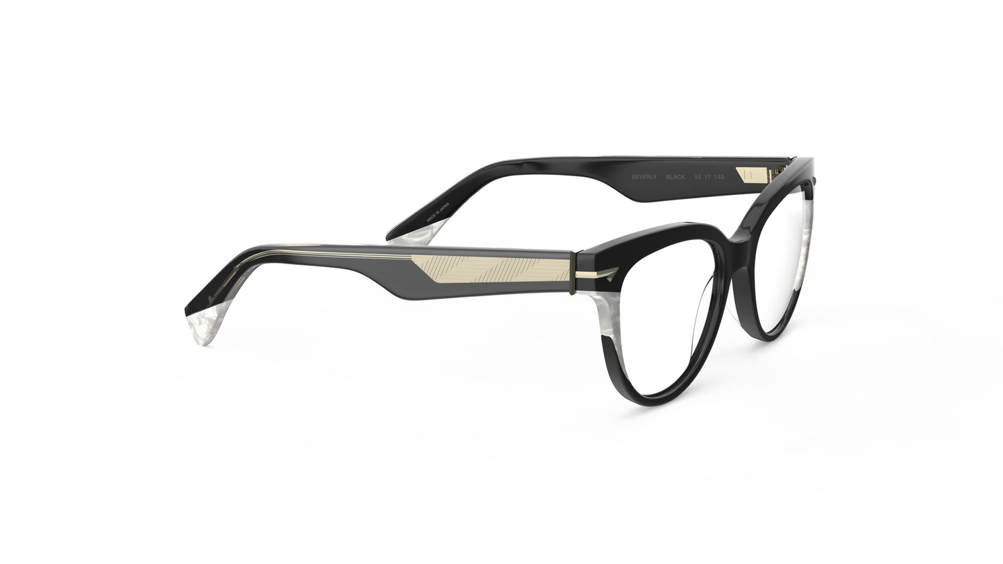 A pair of cateye eyeglasses featuring a black acetate front with pearl accents, clear lenses, and geometric patterned wire cores.