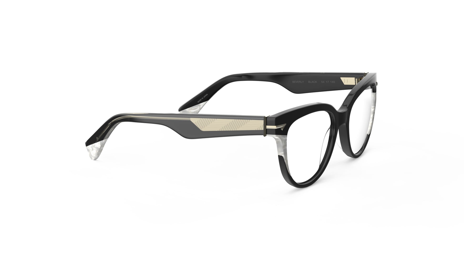 A pair of cateye eyeglasses featuring a black acetate front with pearl accents, clear lenses, and geometric patterned wire cores.