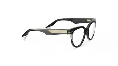 A pair of cateye eyeglasses featuring a black acetate front with pearl accents, clear lenses, and geometric patterned wire cores.