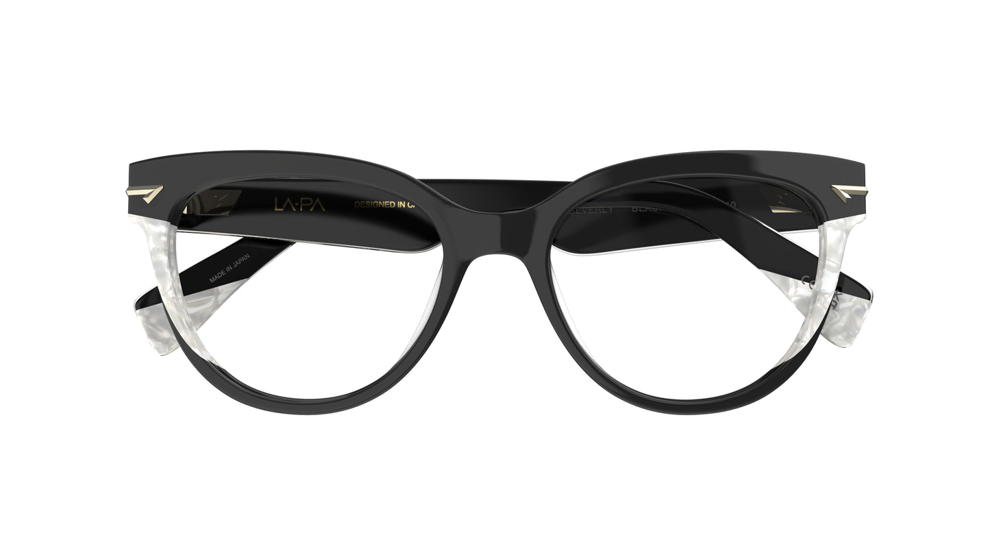 Black acetate cat-eye eyeglasses with pearl details and small metal accents on the hinges, shown against a plain white background.