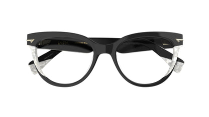 Black acetate cat-eye eyeglasses with pearl details and small metal accents on the hinges, shown against a plain white background.
