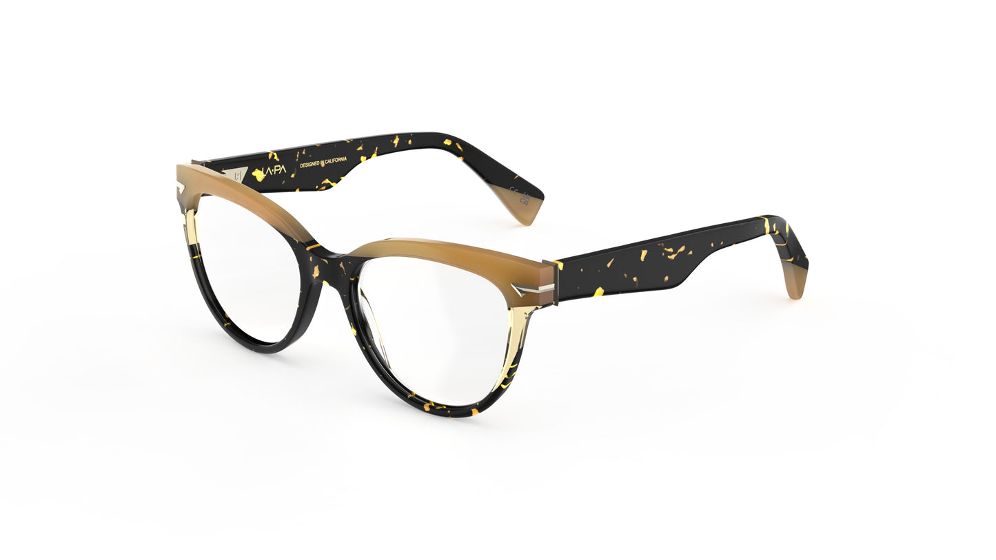 A pair of cat-eye eyeglasses featuring a two-tone design with tortoiseshell acetate front and temples, with tan brows and temple tips, shown on a plain white background.