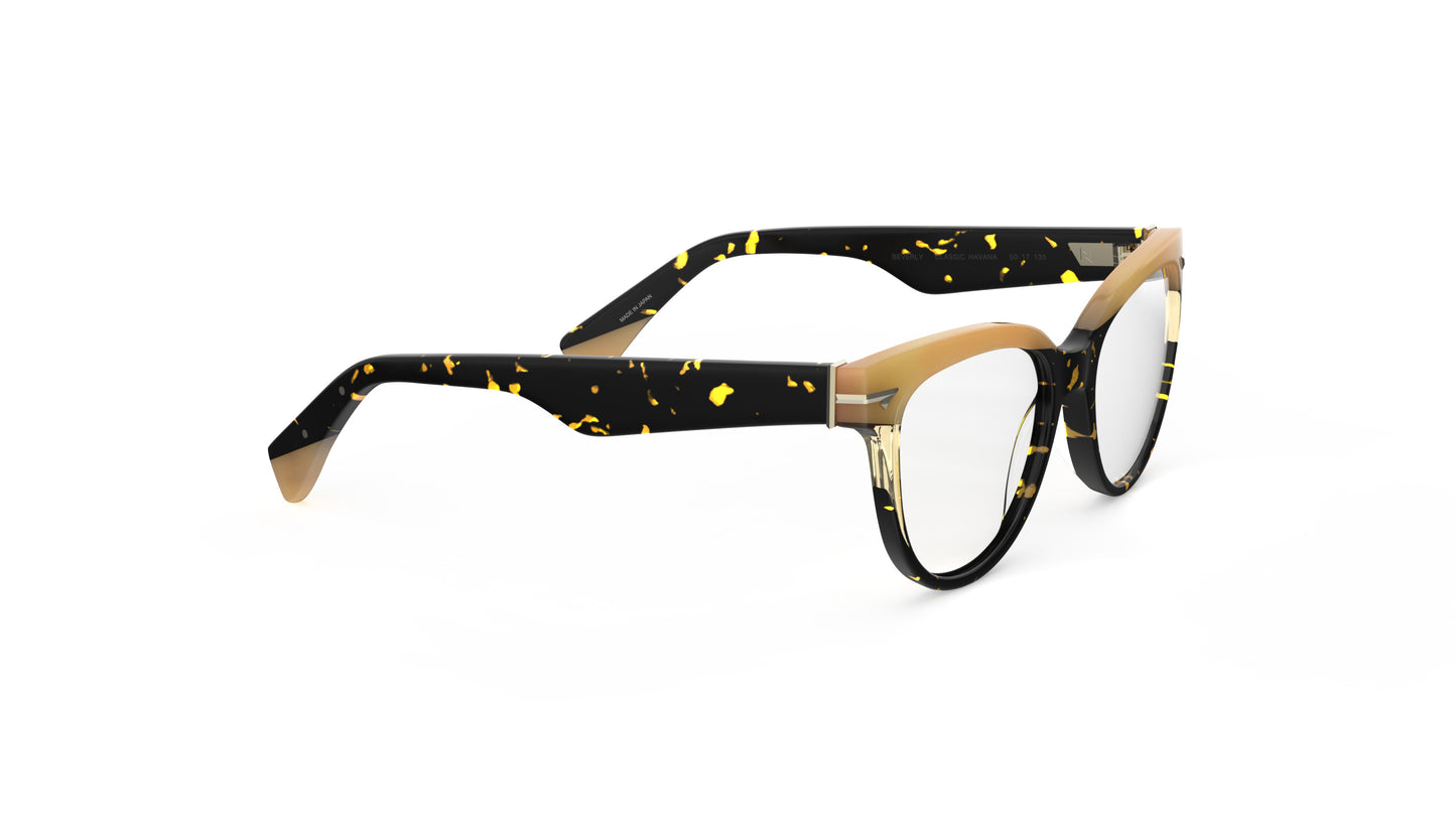 A pair of cat-eye eyeglasses featuring a two-tone design with tortoiseshell acetate front and temples, with tan brows and temple tips, shown on a plain white background.
