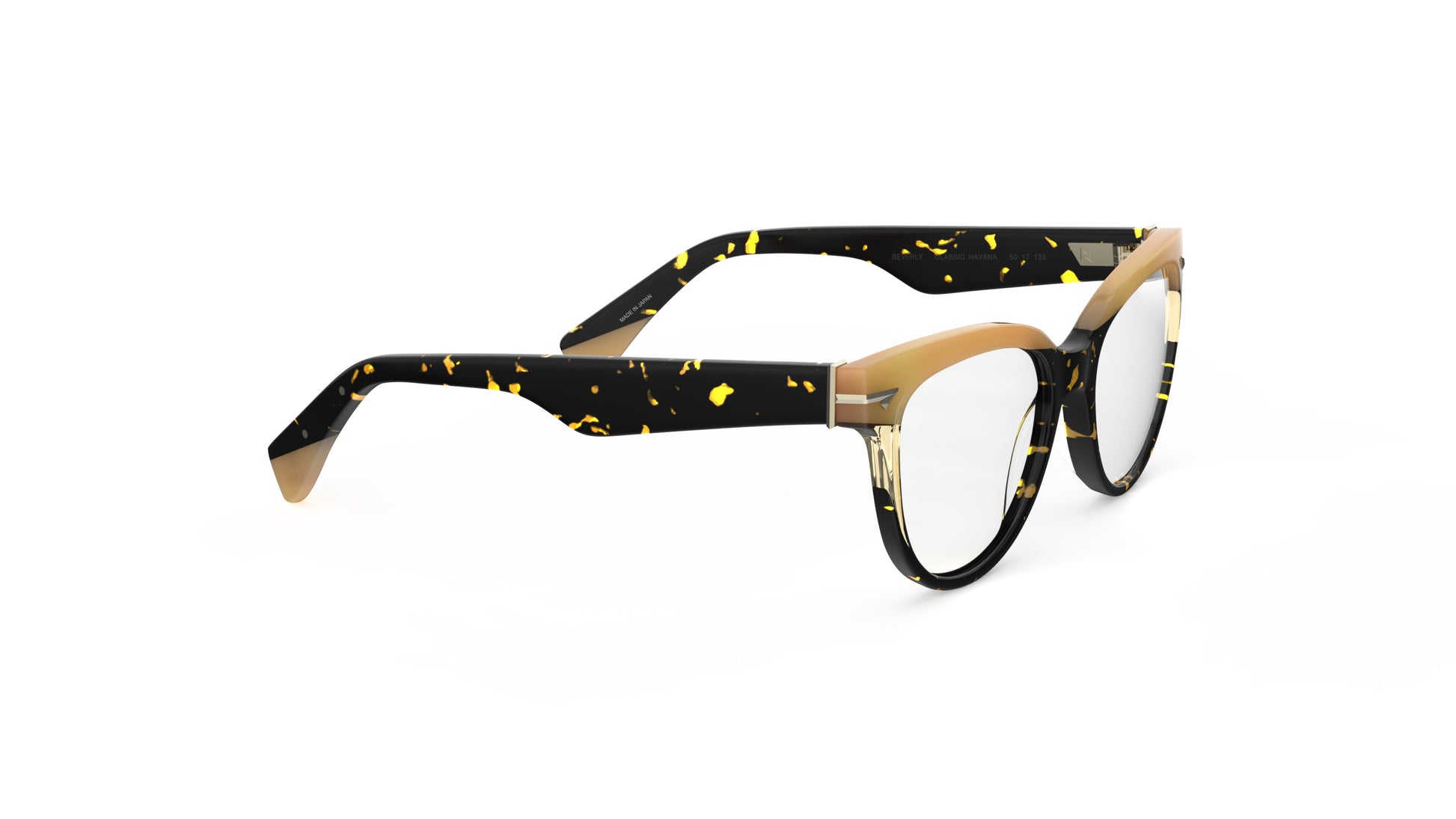 A pair of cat-eye eyeglasses featuring a two-tone design with tortoiseshell acetate front and temples, with tan brows and temple tips, shown on a plain white background.