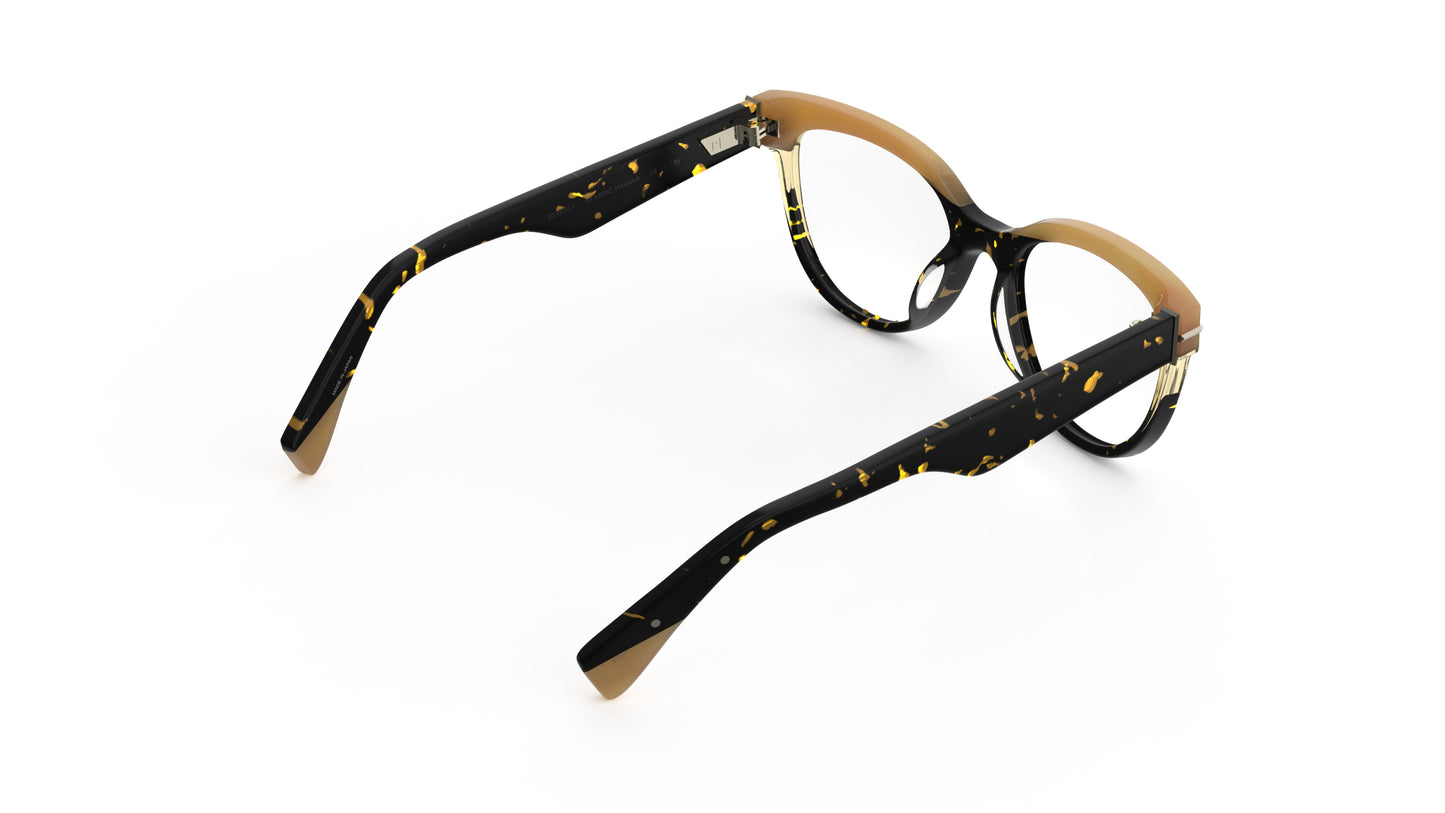 A rear view of a pair of cat-eye eyeglasses featuring a two-tone design with tortoiseshell acetate front and temples, with tan brows and temple tips, shown on a plain white background.