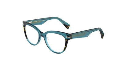A cat-eye eyeglasses in translucent teal acetate with tortoiseshell accents, geometric patterned metal wire core, shown on a plain white background.
