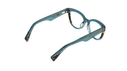 A rear view of a cat-eye eyeglasses in translucent teal acetate with tortoiseshell accents, geometric patterned metal wire core, shown on a plain white background.