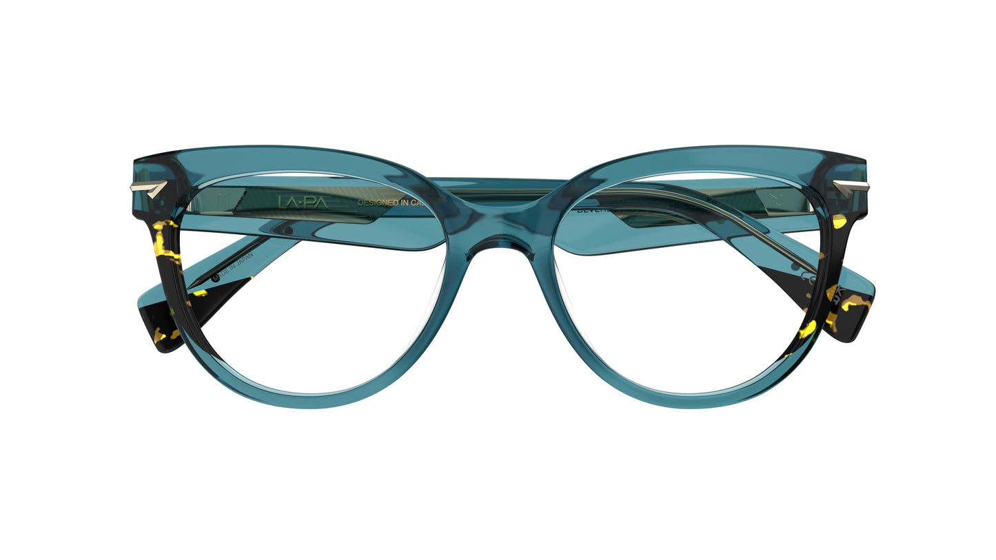 A pair of cat-eye eyeglasses with translucent teal acetate frames with tortoiseshell patterned side accents, shown against a plain white background.