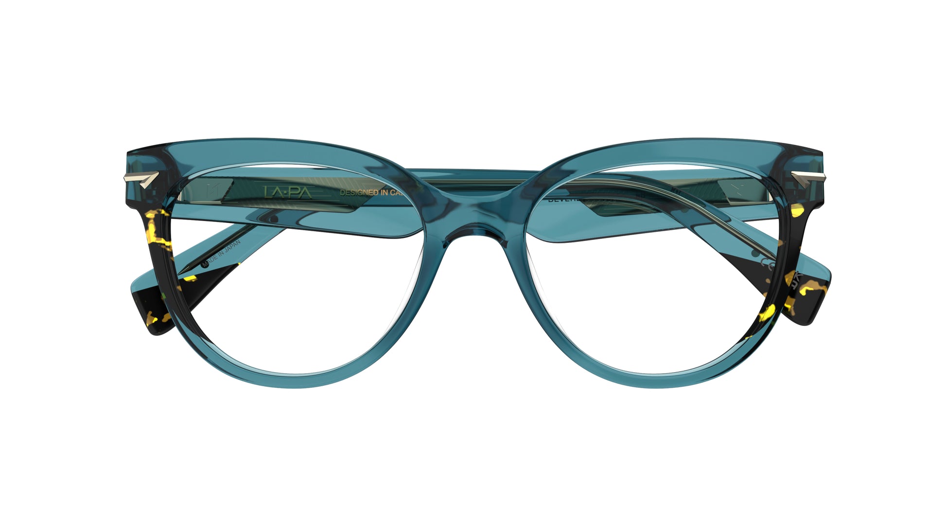 A pair of cat-eye eyeglasses with translucent teal acetate frames with tortoiseshell patterned side accents, shown against a plain white background.