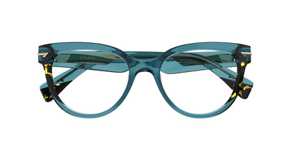 A pair of cat-eye eyeglasses with translucent teal acetate frames with tortoiseshell patterned side accents, shown against a plain white background.