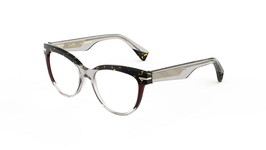 A pair of cat-eye eyeglasses featuring a translucent warm gray acetate front, a tortoiseshell upper brow, and burgundy accents with metal wire cores.