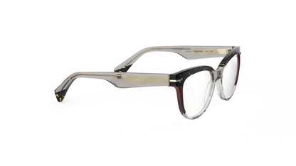 A pair of cat-eye eyeglasses featuring a translucent warm gray acetate front, a tortoiseshell upper brow, and burgundy accents with metal wire cores shown from a three-quarters angle on a white background.