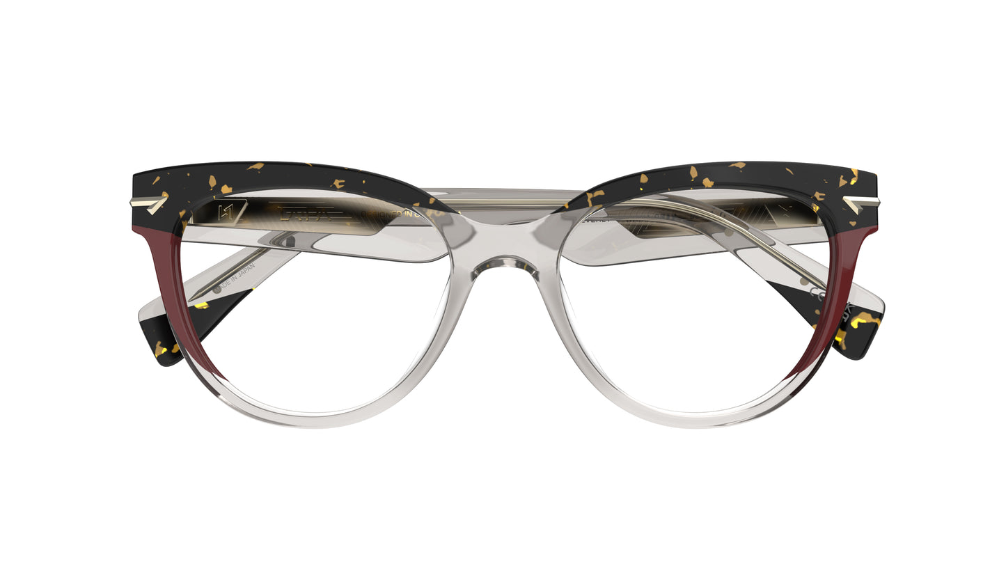 A pair of cat-eye eyeglasses featuring a translucent warm gray acetate front, a tortoiseshell upper brow, and burgundy accents.