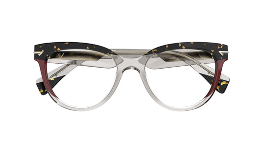 A pair of cat-eye eyeglasses featuring a translucent warm gray acetate front, a tortoiseshell upper brow, and burgundy accents.