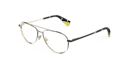A pair of aviator-style eyeglasses with light gold titanium construction, and dark tortoiseshell temple tips with yellow accents, integrated spring hinge shown on a plain white background.