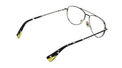 Rear view of aviator-style eyeglasses with light gold titanium construction, and dark tortoiseshell temple tips with yellow accents, integrated spring hinge shown on a plain white background.