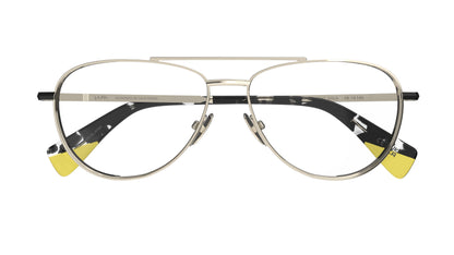 A pair of aviator-style eyeglasses with a light gold titanium construction, black havana and yellow acetate tips on a white background.