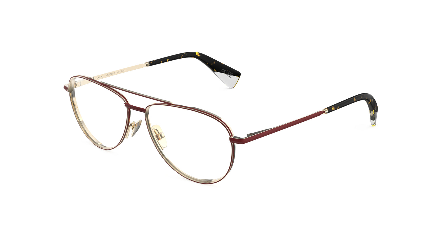A pair of aviator-style eyeglasses with two tone titanium frame in a red and gold finish, titanium nosepads, and integrated spring hinge, shown on a white background.