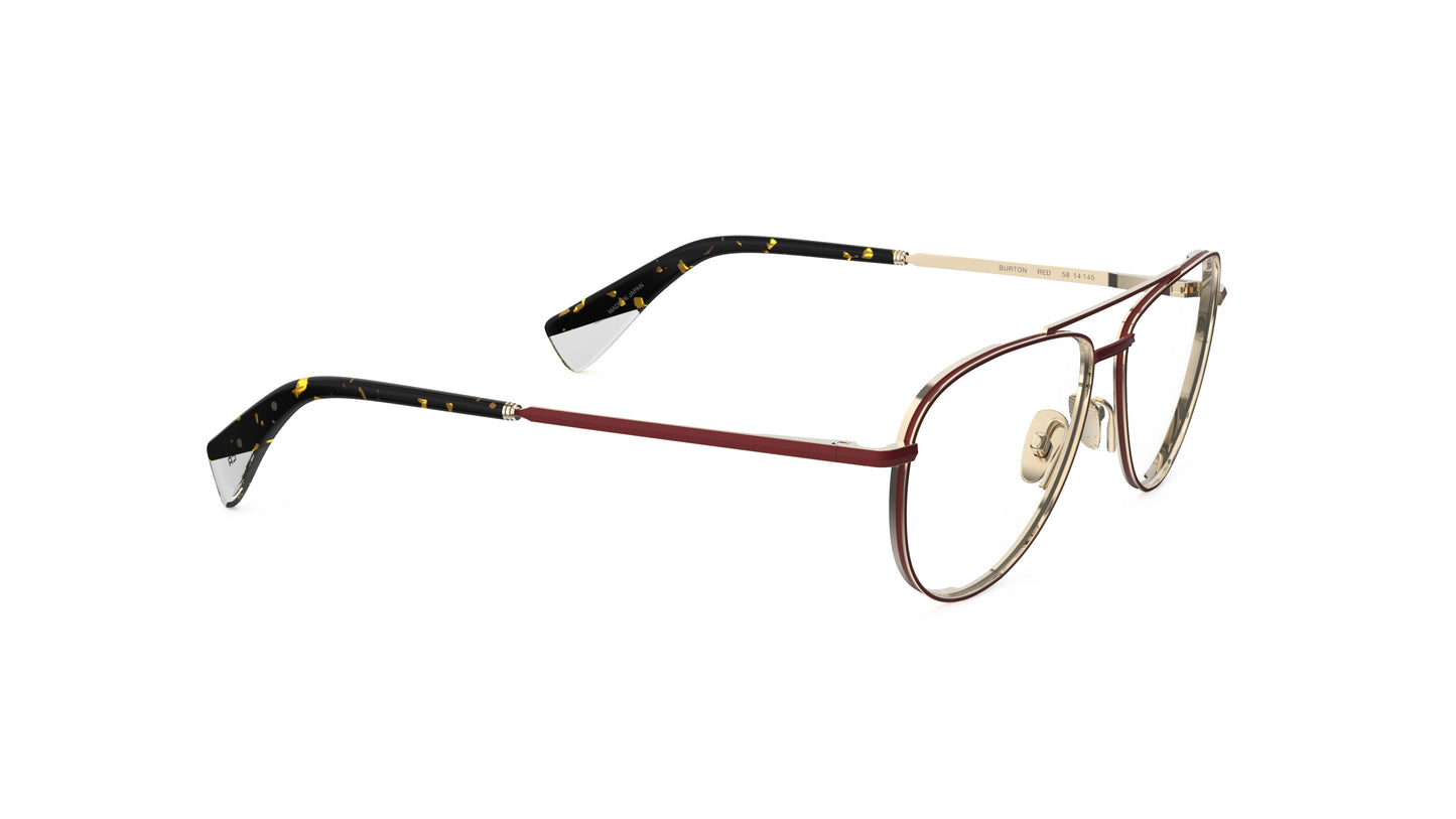 A pair of aviator-style eyeglasses with two tone titanium frame in a red and gold finish, titanium nosepads, and integrated spring hinge, shown on a white background.