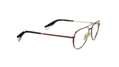 A pair of aviator-style eyeglasses with two tone titanium frame in a red and gold finish, titanium nosepads, and integrated spring hinge, shown on a white background.
