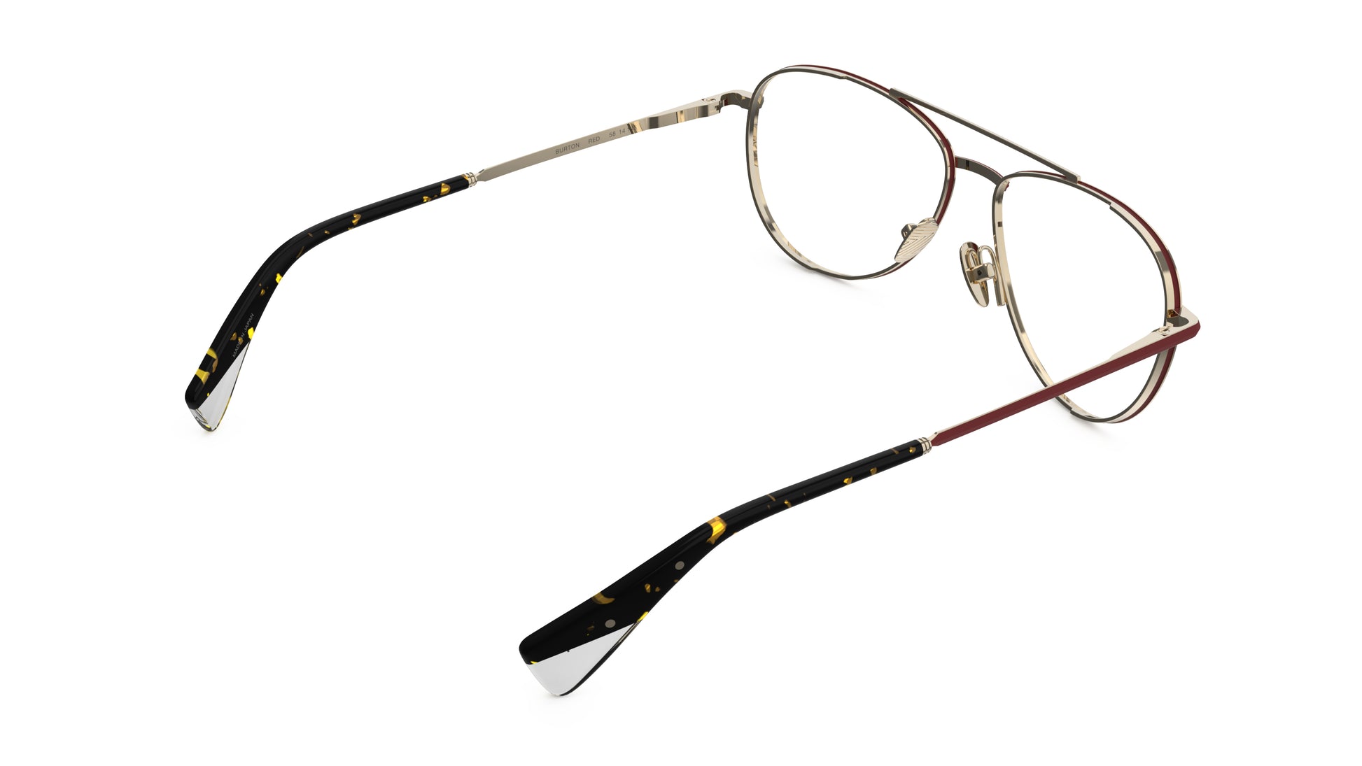Rear view of an aviator eyeglasses with a red and gold titanium frame, nosepads and integrated spring hinge, on a white background.