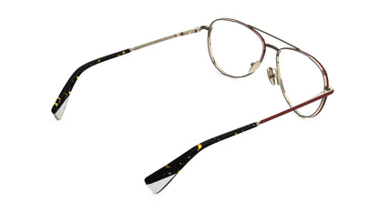 Rear view of an aviator eyeglasses with a red and gold titanium frame, nosepads and integrated spring hinge, on a white background.