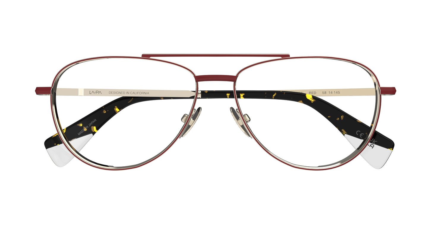 A pair of aviator-style eyeglasses with a red and gold titanium frame, featuring a double bridge and dark tortoiseshell-patterned temple tips.