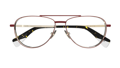 A pair of aviator-style eyeglasses with a red and gold titanium frame, featuring a double bridge and dark tortoiseshell-patterned temple tips.