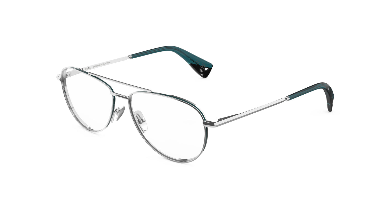 Trendy aviator-style eyeglasses with silver titanium construction, nosepads and dark teal temple tips, integrated spring hinges, shown on a plain white background.
