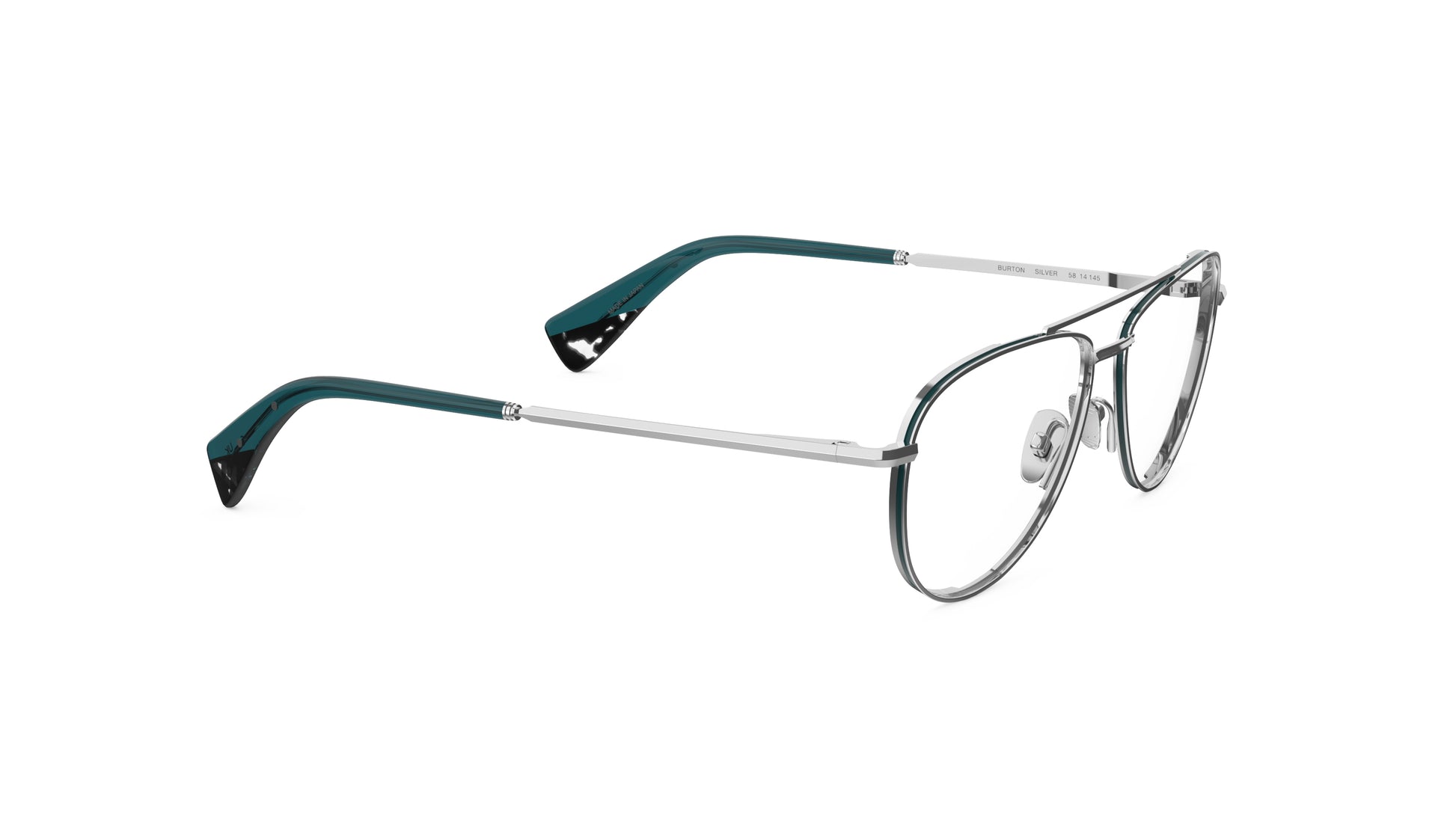 Trendy aviator-style eyeglasses with silver titanium construction, nosepads and dark teal temple tips, integrated spring hinges, shown on a plain white background.