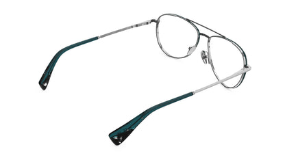 Rear view of aviator-style eyeglasses with silver titanium construction, integrated spring hinge, nosepads and dark teal acetate temple tips, shown on a plain white background.