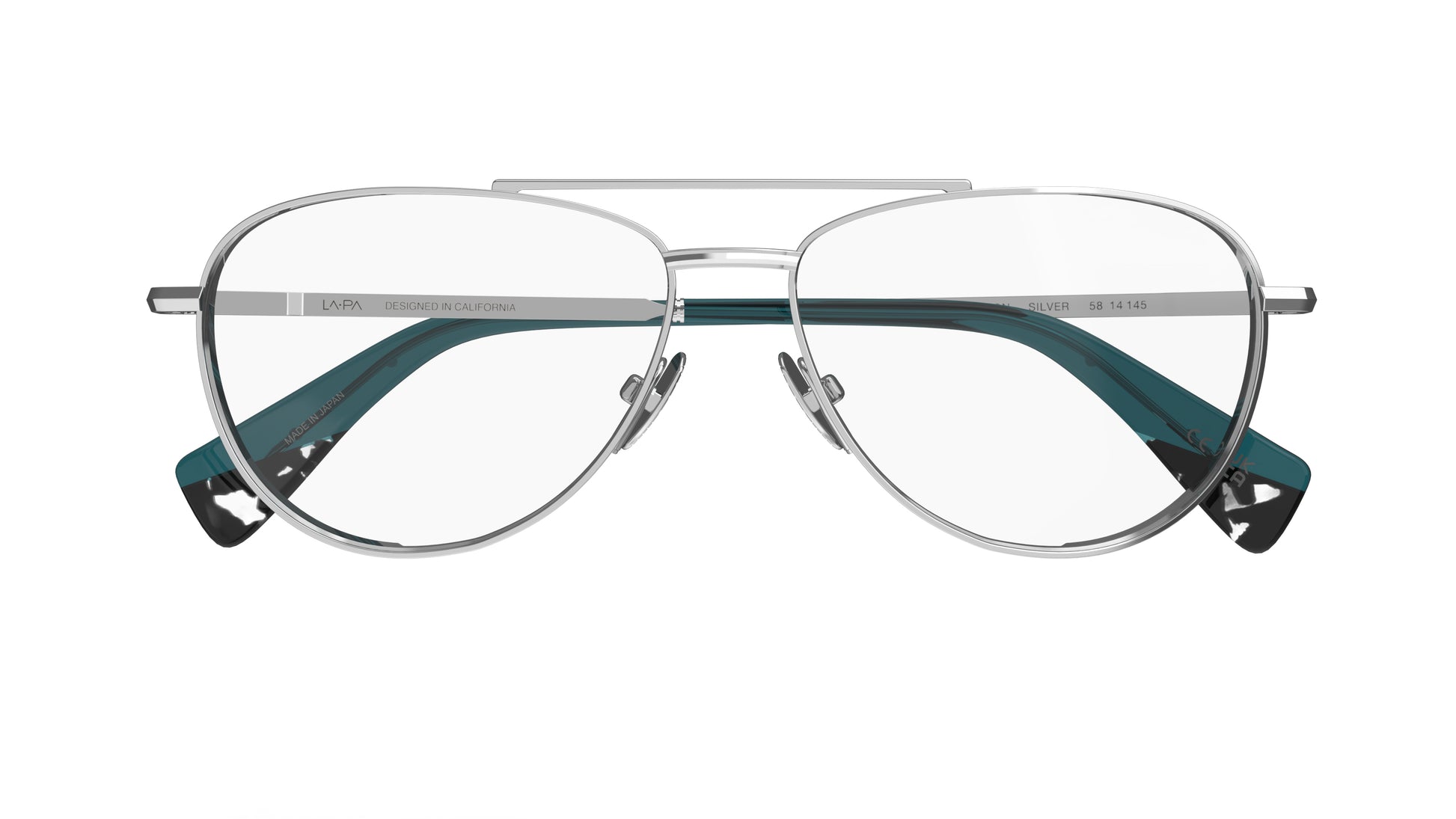 A pair of aviator-style eyeglasses with a silver titanium frame construction, titanium nosepads, shown against a plain white background.