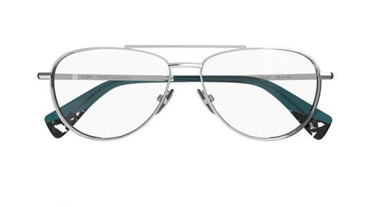 A pair of aviator-style eyeglasses with a silver titanium frame construction, titanium nosepads, shown against a plain white background.