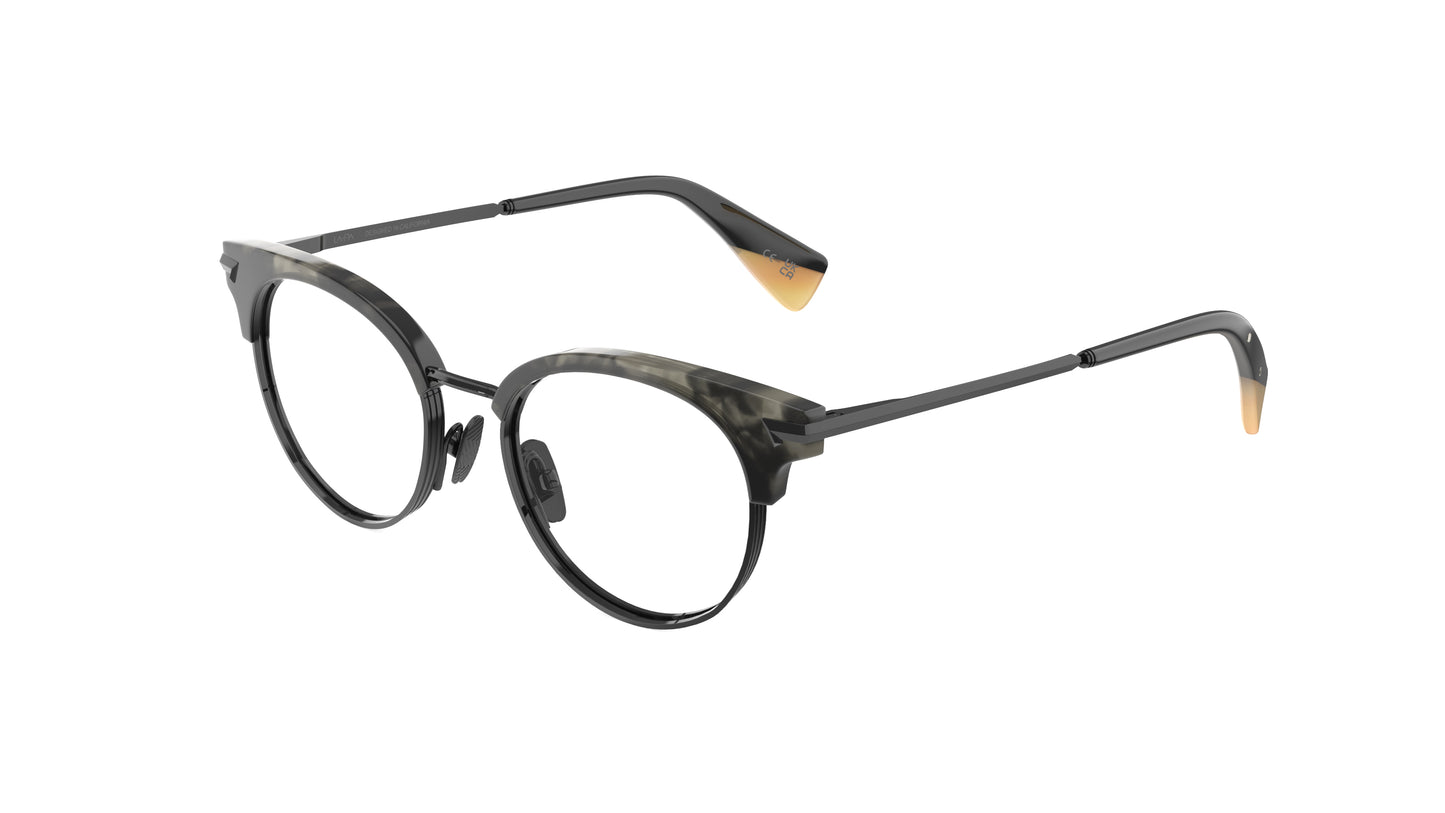Round clubmaster eyeglasses with a smoky tortoiseshell pattern on the front frames and black titanium temples rims and nosepads, integrated spring hinge, shown on a plain white background.