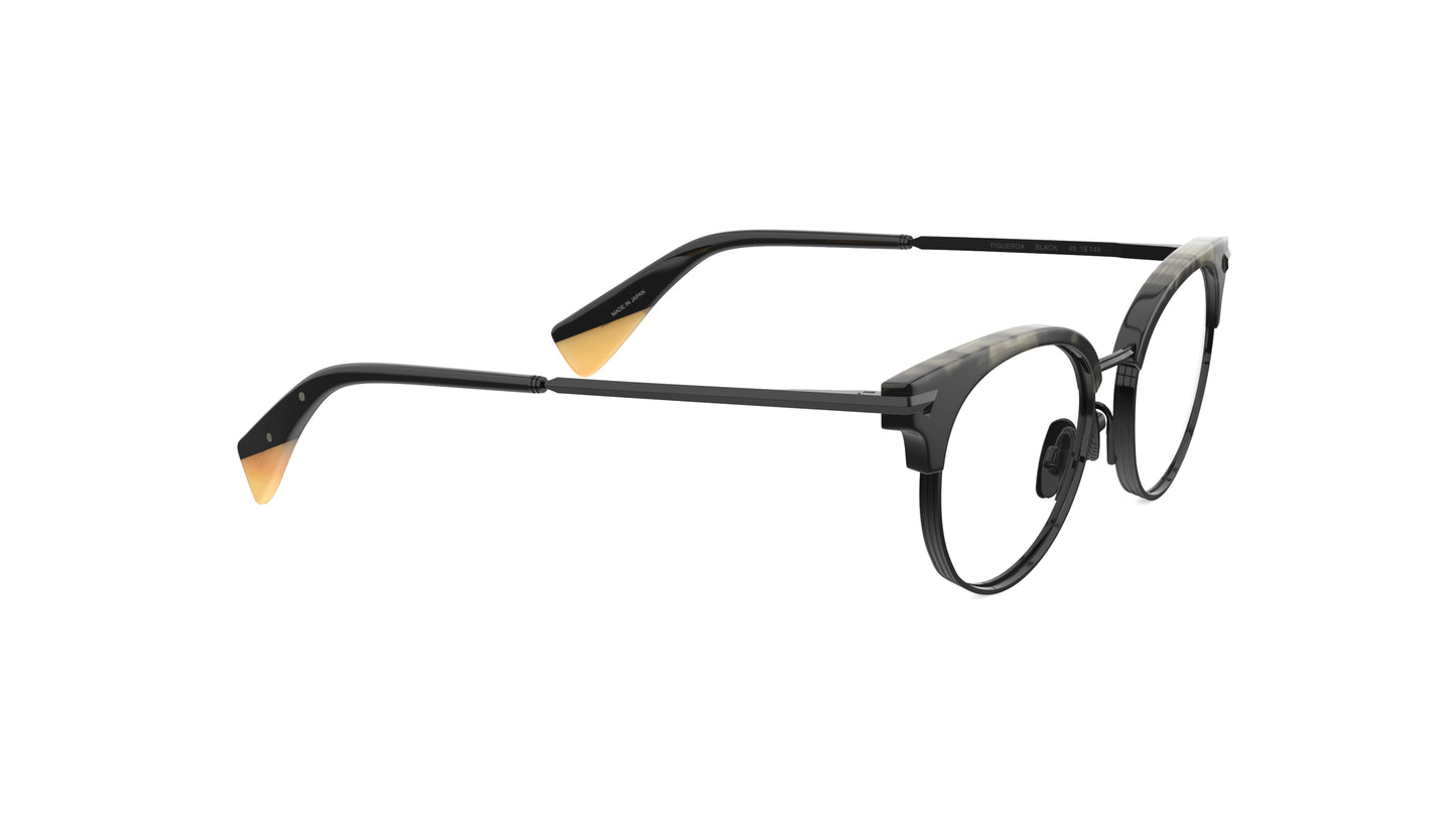 Round clubmaster eyeglasses with a smoky tortoiseshell pattern on the front frames and black titanium temples rims and nosepads, integrated spring hinge, shown on a plain white background.