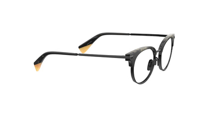 Round clubmaster eyeglasses with a smoky tortoiseshell pattern on the front frames and black titanium temples rims and nosepads, integrated spring hinge, shown on a plain white background.