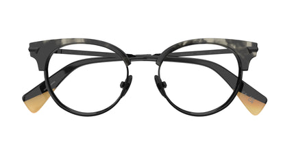 Round clubmaster eyeglasses with a black titanium rim and nosepads, smoky tortoiseshell acetate brows, shown against a plain white background.