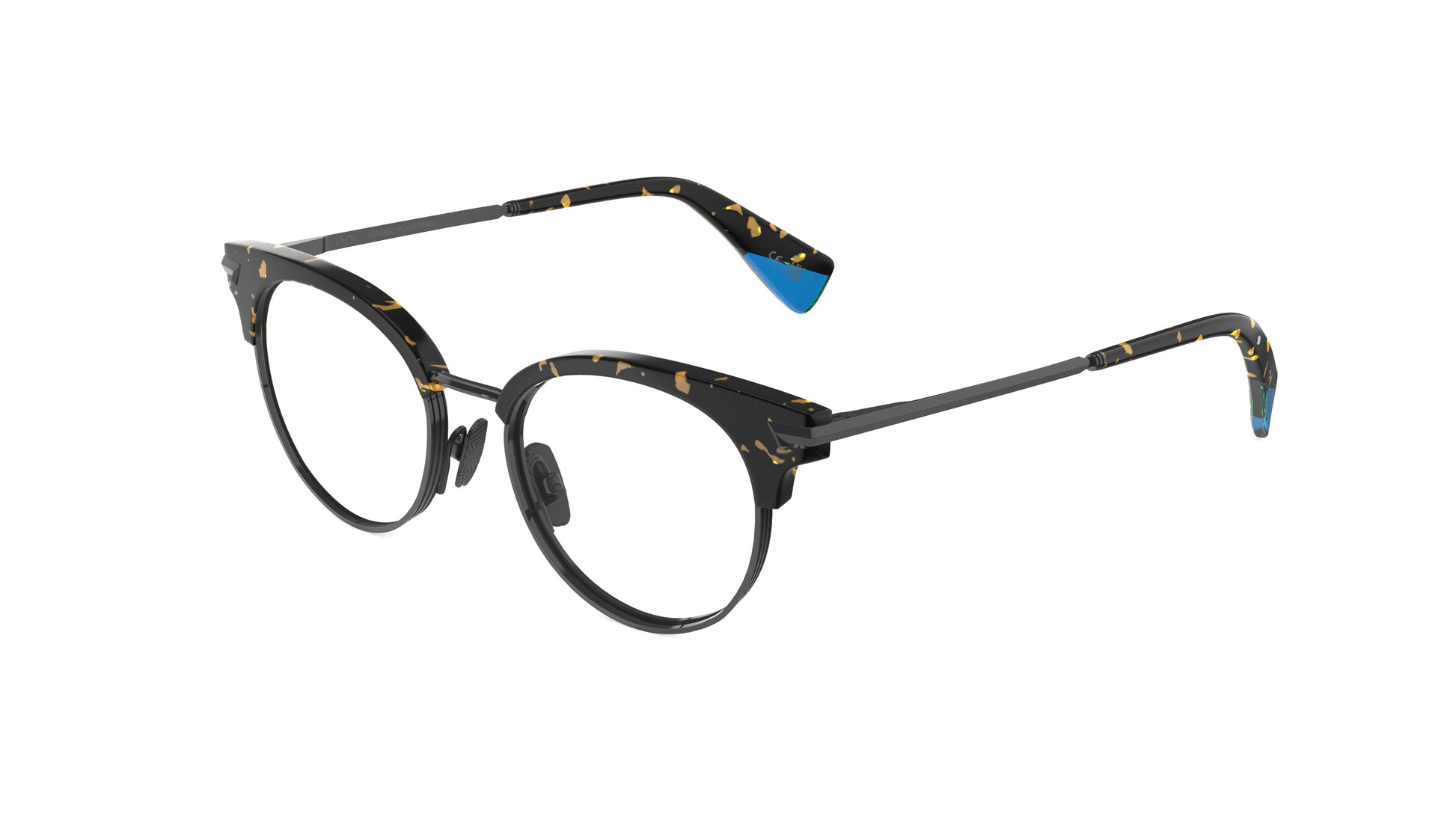 Round clubmaster eyeglasses with a tortoiseshell pattern, gunmetal titanium rims, temples and nosepads, bright blue temple tips, integrated spring hinge shown on a plain white background.