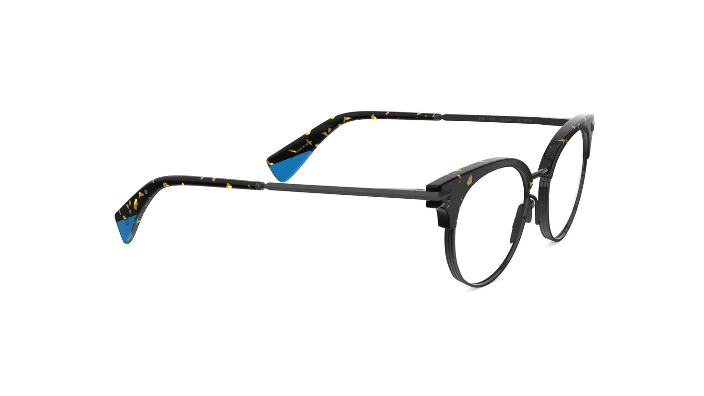 Round clubmaster eyeglasses with a tortoiseshell pattern, gunmetal titanium rims, temples and nosepads, bright blue temple tips, integrated spring hinge shown on a plain white background.