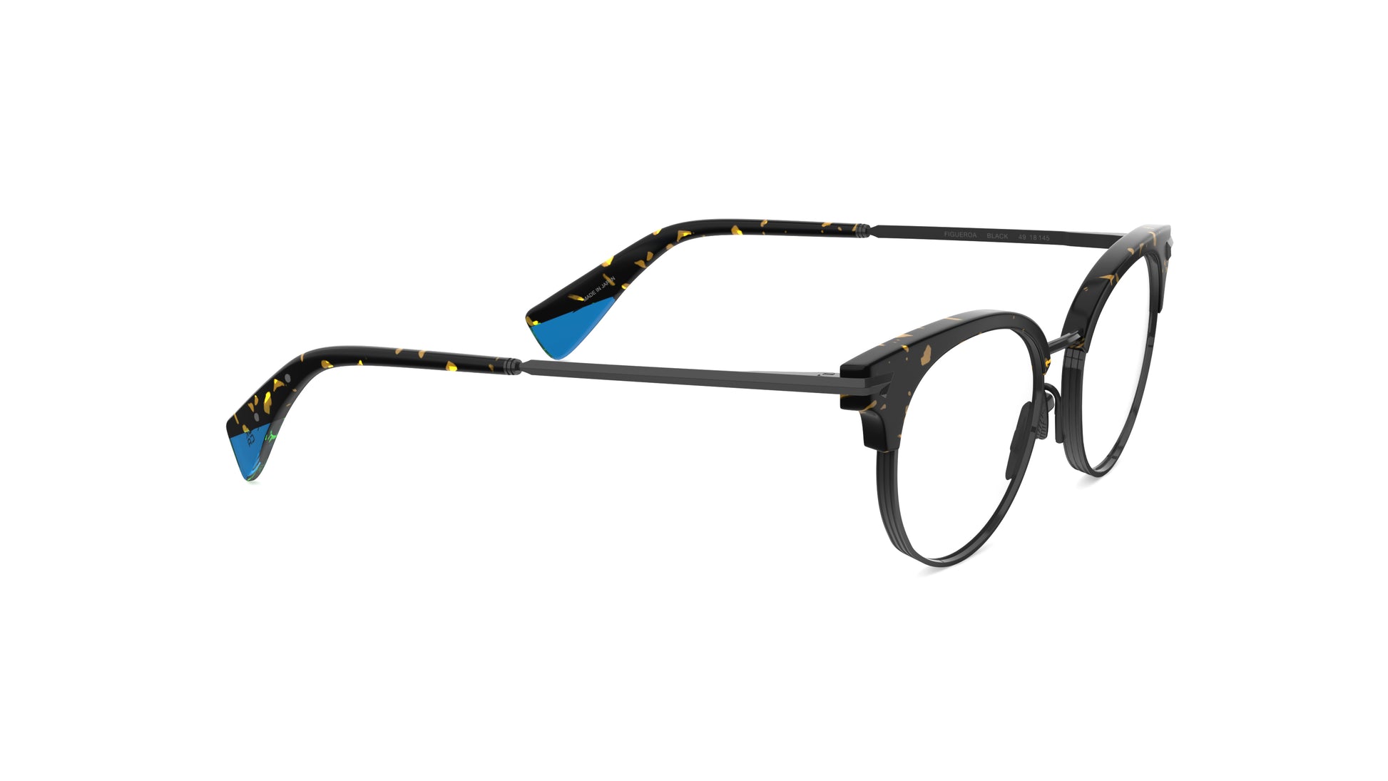 Round clubmaster eyeglasses with a tortoiseshell pattern, gunmetal titanium rims, temples and nosepads, bright blue temple tips, integrated spring hinge shown on a plain white background.