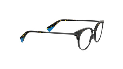Round clubmaster eyeglasses with a tortoiseshell pattern, gunmetal titanium rims, temples and nosepads, bright blue temple tips, integrated spring hinge shown on a plain white background.